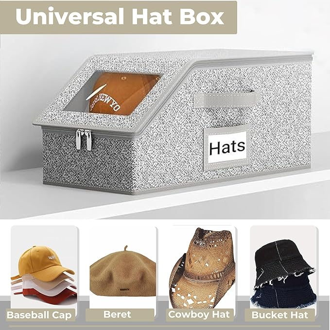 2 Pack Hat Organizer Box for Women & Men, Foldable Storage Box with Clear Lid for Baseball, Cowboy Caps, Stackable Clear Hat Organizer, Store up to 28 Caps, Grey