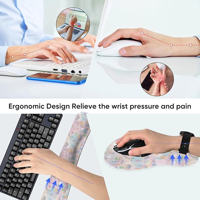 Wrist Rest Support for Mouse Pad Keyboard Set Circle Coaster Gaming Mouse Pad Ergonomic Gel Memory Foam Set for Computer, Laptop, Office, Pain Relief, Comfortably Typing Cute KM-37