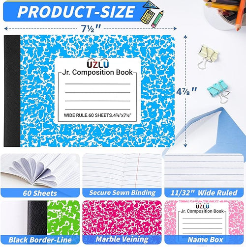 36 Pack Composition Notebooks Bulk Wide Ruled 4-7/8"x 7.5" Half Size Composition Books 60 Sheets Mini Notebook 12 Color Small Pocket Marble Journal Books for Students College Office Back to School Supplies
