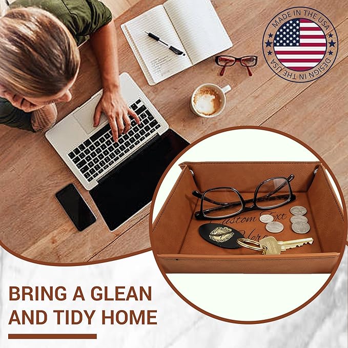 Personalized Valet Trays, Custom Engraved Leather Keys Tray for Men - Catchall Tray Organizer for Entryway Table, Unique Dad Birthday Gift from Daughter Son, Father Day (Custom Text)