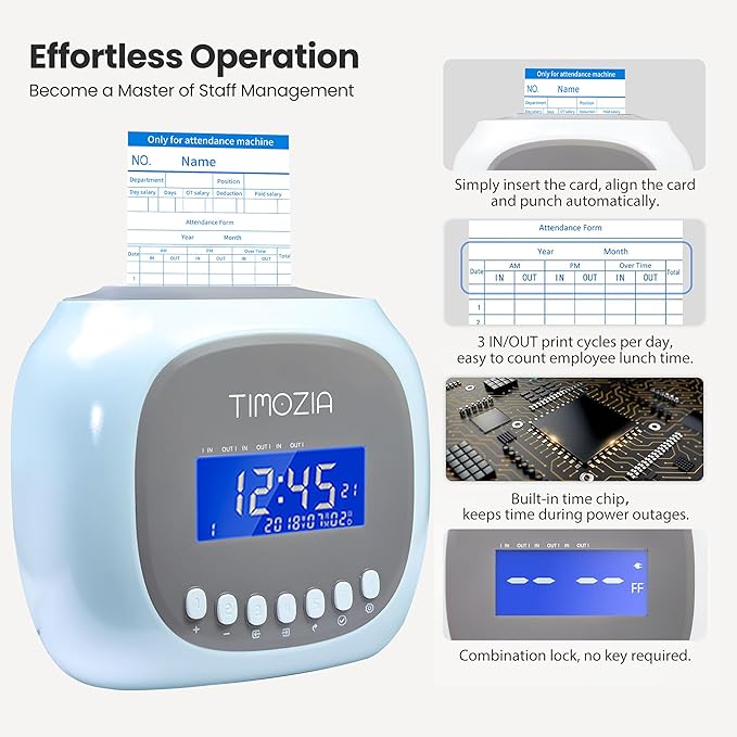 Time Clocks for Employees Small Business, Auto-Align Time Clock, 6 Punches per Day Time Card Machine, Time Clock Punch Machine with 100 Time Cards, 2 Ink Ribbons and 4 Racks(Military Time)
