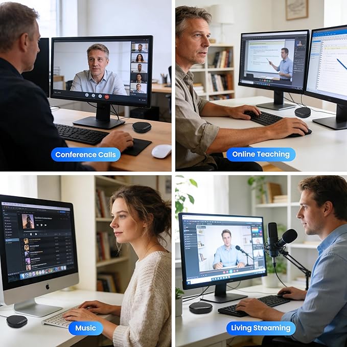 Ynoonvon Conference Speakerphone with 360° Voice Pickup, AI Noise Reduction & Echo Cancellation, USB Plug and Play Desktop Microphone Speaker for Zoom, Teams, Skype, Home Office & Online Meetings