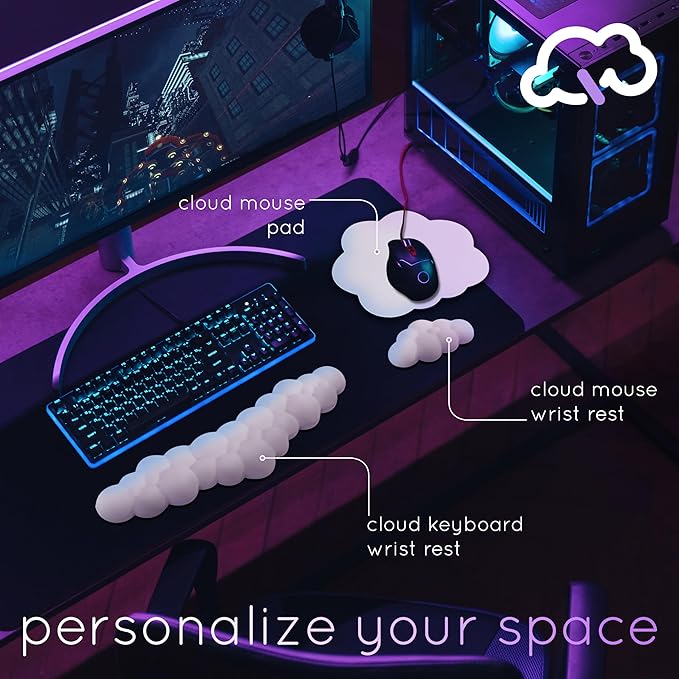 Qloud Cloud Wrist Rest Keyboard Wrist Rest for Computer Keyboard Pad, Cloud Keyboard Wrist Rest, Wrist Pad for Keyboard, Memory Foam, Non Slip Base, Comes with Mouse Pad - Yellow