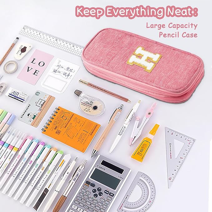 Large Capacity Pink Pencil Case, Cute Pencil Case Pencil Pouch with Zipper For Girls Women, Expandable Preppy Pencil Bag Large Storage High Capacity Bag Organizer for School Home Office Supplies, H