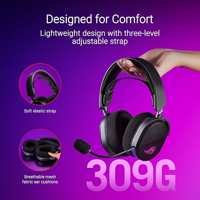 ASUS ROG Pelta Wireless Gaming Headset with Detachable Mic – Tri-Mode (BT, 2.4GHz, USB-C) 50mm Titanium-Plated Drivers, 70Hr Battery, Ergonomic, Lightweight, for PC, PS5, PS4, Switch, Mobile - Black