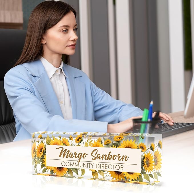 Personalized Office Name Plate, Custom Name Plate for Desks, Office Desk Decorations Gift for Women Men, Acrylic Desk Name Plate for Teacher Coworkers Staff Boss (Sunflower)