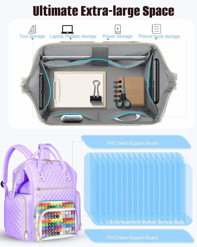 Marker Organizer Case Bag, Large Markers Storage Backpack with USB Port for Artists, Illustrators, Creatives, Pen Travel Holder Case Bag for Art Creativity Craft Supply, Purple