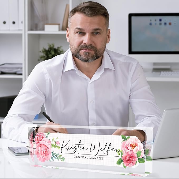 Personalized Office Name Plate, Custom Name Plate for Desks, Office Desk Decorations Gift for Women Men, Acrylic Desk Name Plate for Teacher Coworkers Staff Boss (Pink Flower)