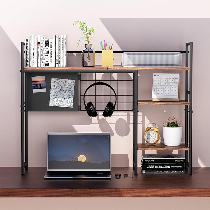 38.5" 3-Tier Desktop Bookshelf | Desk Organizer Shelf & Computer Monitor Stand | Dark Brown Home Office Storage