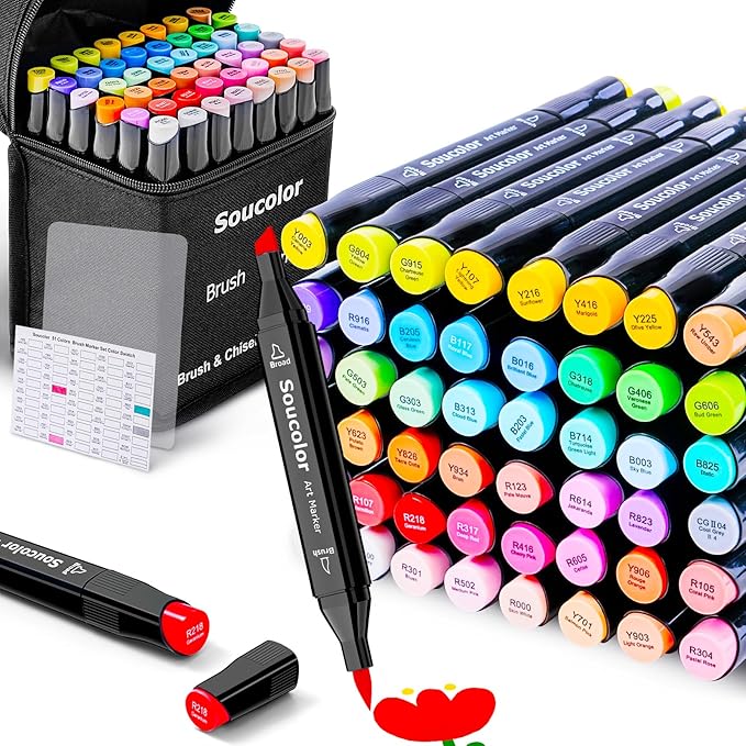 Soucolor 51 Colors Alcohol Markers Brush Tip, Dual Tip Brush & Chisel Alcohol-Based Art Markers, 50 Colors+1 Blender Drawing Coloring Art Supplies for Kids Artists Adults Teen Girl Gifts Trendy Stuff