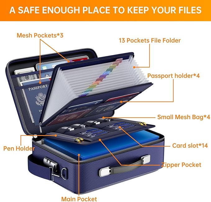 DocSafe Fireproof Document Box with Lock＆Shoulder Strap,Hard Case File Organizer with Accordion File Folder,Multi-Layer Portable Home Office Travel Safe Storage for Important Documents Laptop Blue