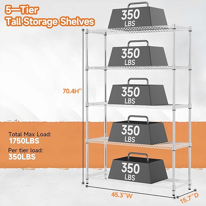 MZG 1750 lbs 5 Tier Storage Rack Metal Wire Shelving Unit, Storage Standing Household Shelf Organizer for Kitchen Pantry Closet Garage Basement Utility Room, Chrome 15.7" D x 45.3" W x 70.4" H