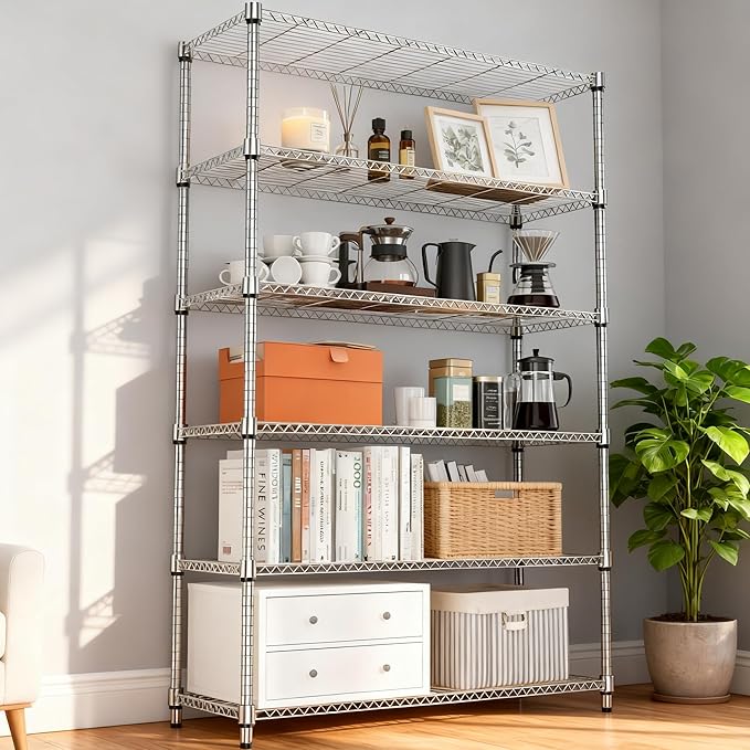 6 Tiers Shelf 2100 lbs Steel Storage Shelving Utility Shelving Unit Steel Organizer Wire Rack for Home,Kitchen,Office,Garage Chrome 17.7" D x 47.2" W x 82.4" H