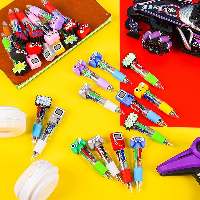 LiYiQ 25 Pcs Video Game Multicolor Pen in One Cartoon Cute Fun 4-in-1 Cute Pens Bulk Kawaii Game Handle Level Up Games Console Shape Cool Ballpoint Pens for Fun Gifts