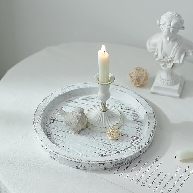 Hanobe Candle Plate Holder Tray: Round Wooden Decorative Candle Plate Small Farmhouse Table Centerpiece Rustic White Wood Tealight Pillar Trays for Home Decor