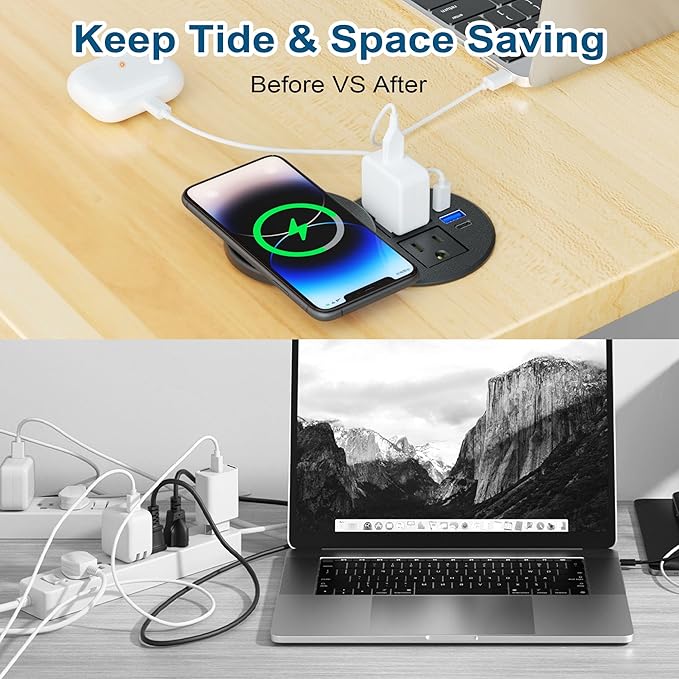 3 Inch Desk Power Grommet with 10W Wireless Charger, 20W USB C Fast Charging Station,2 AC TR Outlets, Round Flush-Mount Recessed Power Strip for Conference Rooms, Office Tables, Furniture, 6FT Cord