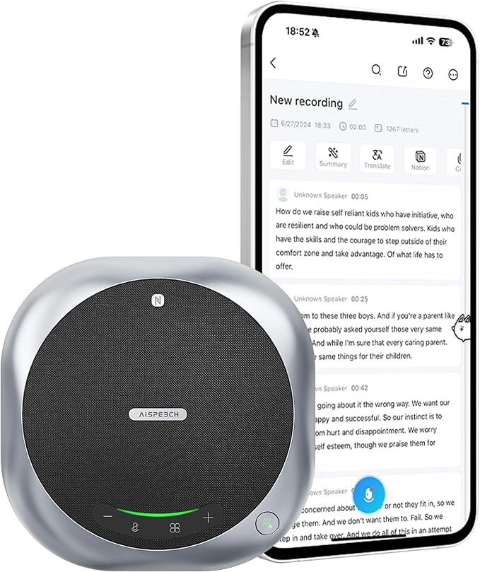 AISPEECH Bluetooth Conference Speakerphone M6 Conference Microphone with AI Noise Reduction AI Transcription Full-Duplex 360° Omnidirectional Voice Pickup USB Speaker for Teams Zoom Home Office, Black