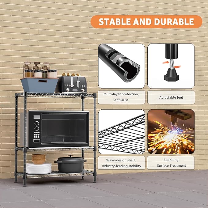 750 lbs 3 Tier Storage Rack Metal Wire Shelving Unit, Storage Standing Shelf Organizer for Laundry Bathroom Kitchen Pantry Closet Garage Basement Utility Room, Black 13.8" D x 29.5" W x 35.5" H