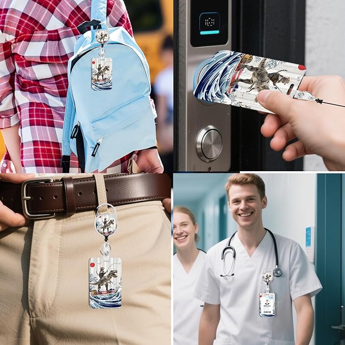 2 Pack Funny Surfing Cat ID Badge Holder with Heavy Duty Retractable Reel Keychain for WomenStudents,Teachers, Nurses, Office Use 2