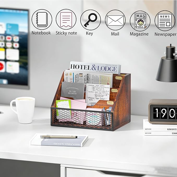 Mail Organizer Countertop,Wooden Mail Holder,4 Slot Letter Holder for Desktop,Vintage Desk Orgaizer for Fill,Bill (Brown)