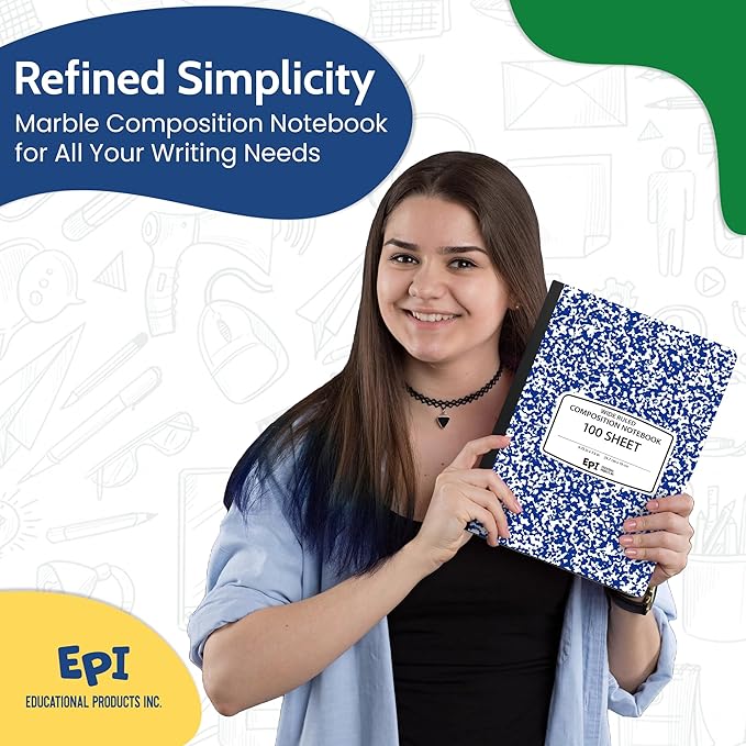 EPI 48 Pack - Blue Marble Composition Notebook - Wide Ruled 200 Page Note Book - 9.75 x 7.5 Inch Hardcover Journal with Sewn Binding for Secure Pages - Classroom Back To School Supplies