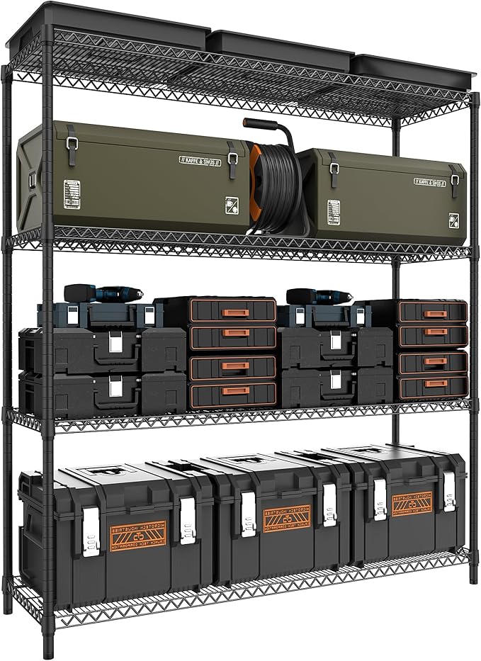 4 Tiers Storage Shelves Load 2640LBS, Metal Shelving Wire Metal Shelving Unit Shelves for Storage Adjustable Garage Shelving for Pantry Kitchen Garage Black 17.7" D x 59.1" W x 70.4" H