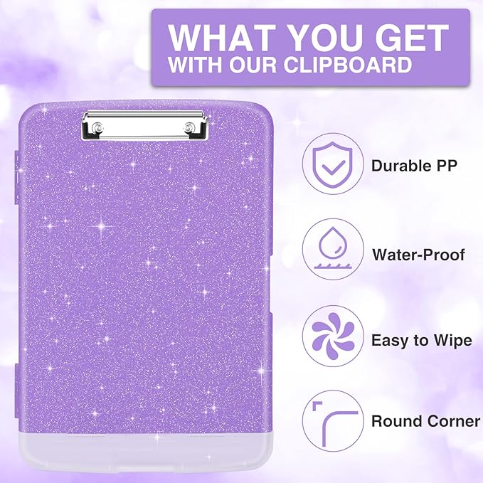 Sooez Glitter Clipboard with Storage, High Capacity Clip Boards 8.5x11 with Pen Holder, Cute Clipboards with Low Profile Clip, Sparkle Plastic Organizer Case Box for Women & Kids, Side Opening