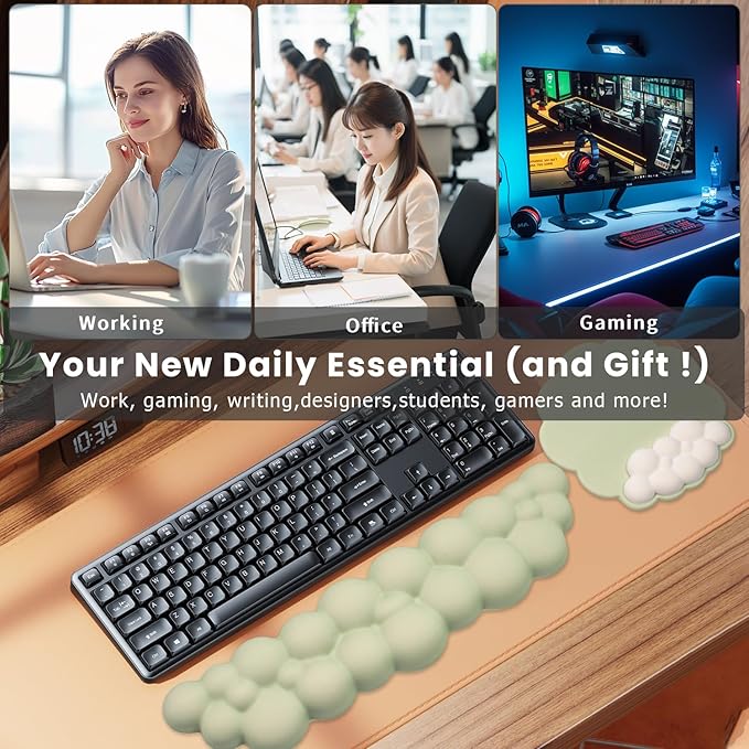 Ergonomic Mouse Pad and Keyboard Wrist Rest - Green Cloud Wrist Rest Keyboard with Mouse Wrist Pad Sets, Soft Memory Foam Wrist Support for Laptop, Mac, Office, Work, Gaming
