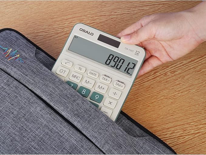 Desktop Calculator Large LCD Display 12 Digit Number Big Button Tax Financial Accounting Calculator, Battery and Solar Powered, for Desk Office Home Business Use(OS-130T Green)