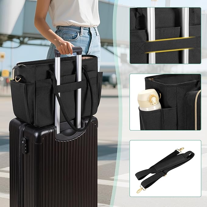 LUXJA Teacher Tote Bag with Accordion File Pocket, Teacher Bag for Women with 15.6 Inch Laptop Compartment, Black