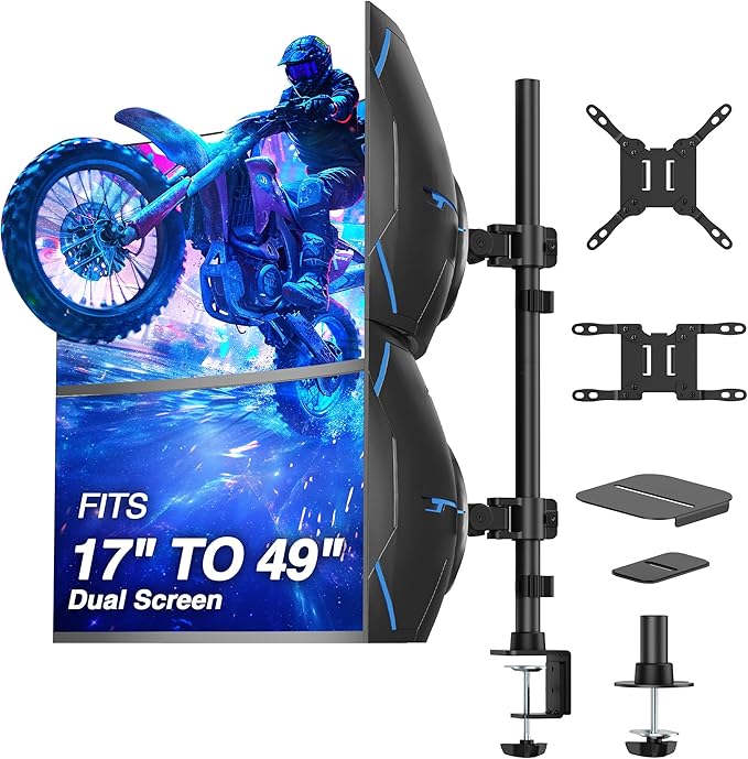 AVLT Dual 49 Inch Stacking Monitor Pole Mount - Stack 44 lbs Super Ultrawide Screens on Heavy-Duty Pole, Height Tilt Swivel Rotate Adjustment, C-clamp and Grommet Mounting Base, VESA Compatible