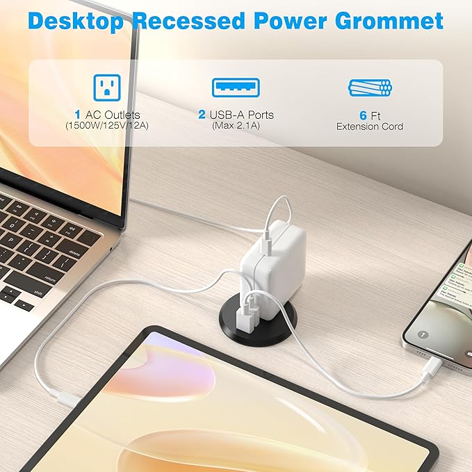 VILONG Desk Power Grommet with 2 USB, Fits 2 inch Grommet Hole, Recessed Power Strip Socket, Plug in 2 Outlet 6 ft Extension Cord (ETL Listed)