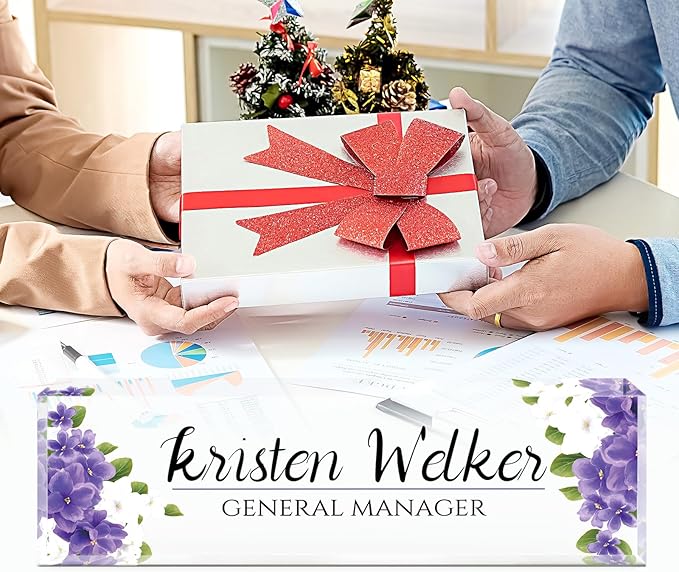 Custom Name Plate for Desk, Desk Name Plate Personalized, Office Decor for Women, Acrylic Desktop Accessories, Office Appreciation Gifts for Boss Social Workers Nurse Teacher Employee(Purple Flowers)