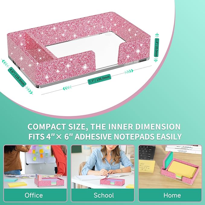 Sticky Note Holder with Pen Slot, Glitter Pink Acrylic Notepad Holder 4x6 in Self-Stick Note Dispenser Office Desk Accessories, Memo Pad Holder Organizer for Classroom School Supplies
