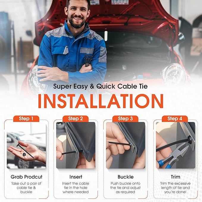 100 Pcs Nylon Universal Cable Tie Buckles — Heavy-Duty Zip Tie Buckle Clips with Pin & Button Design, Self-Locking, UV Resistant, Easy Install for Car Bumper, Fender & Auto Body Repair