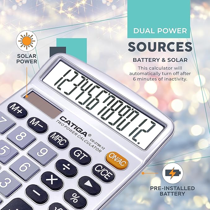 CATIGA 12 Digits Desktop Calculator with Large LCD Display, Dual Solar Power and Battery, Standard Function for Office, Home, School, CD-2786