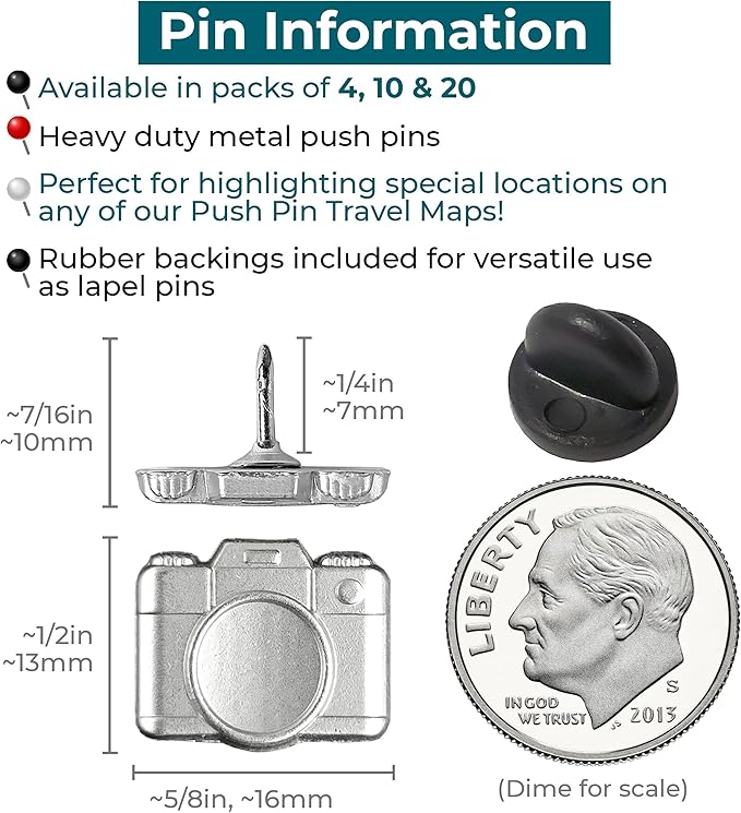 Camera Push Pins - Silver Metal Camera Pins - for Cork Board, Maps, or Lapel Pin Use - Designed in USA - Set of 4