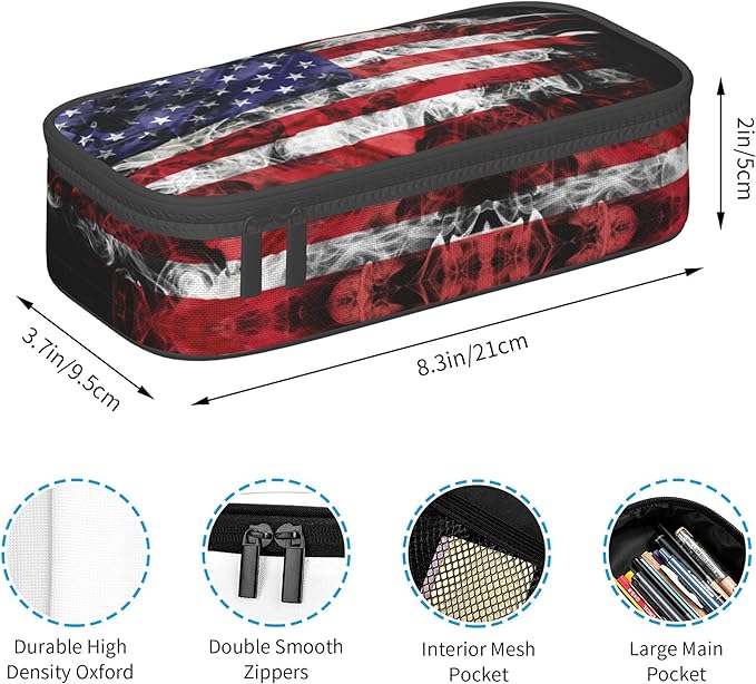 Kids Pencil Case for Boys Girls, Usa Flag Style Pencil Pouch Big Capacity Black Portable Pencil Box Stationery Storage Desk Pen Bag for School Office