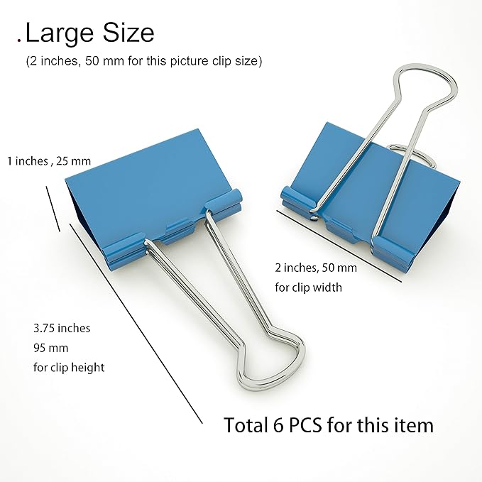 Nctinystore Blue Binder Clips Large (Jumbo) Metal Clamp 2 inch / 50 mm (Blue, 6-PCS)