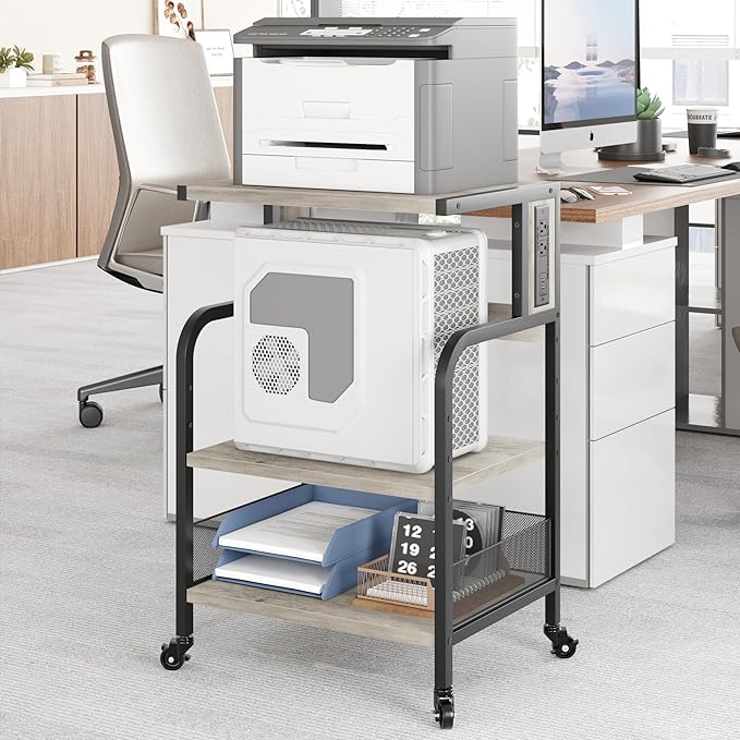 GarveeLife Printer Stand with Power Outlets, 3-Tier Rolling Printer Table with Lockable Wheels, Heavy Duty Printer Cart with Adjustable Shelves, Utility Storage Cart for Home, Office, Gray
