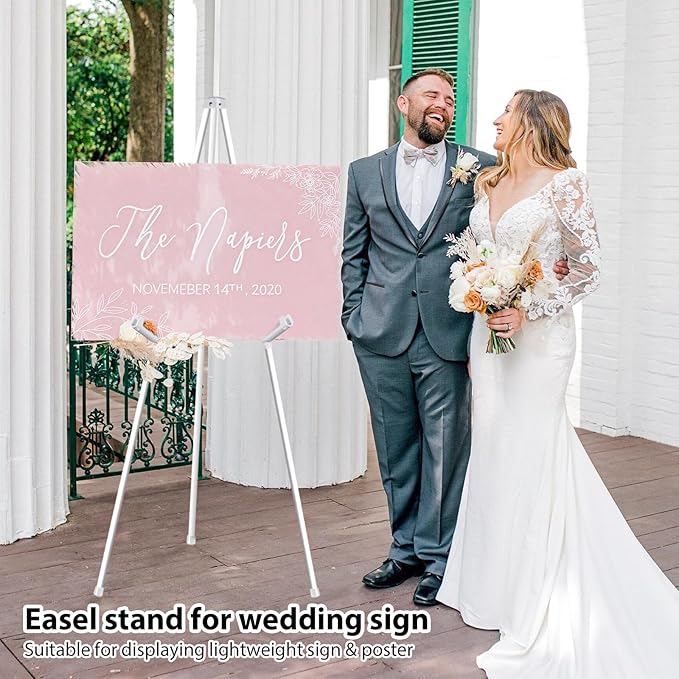 63" White Easel Stand for Wedding Sign Poster Display Easel Folding Art Easel for Floor Adjustable Metal Easel Instant Tripod Easel for Display Painting Wedding Shower Sign Easel, 1Pack