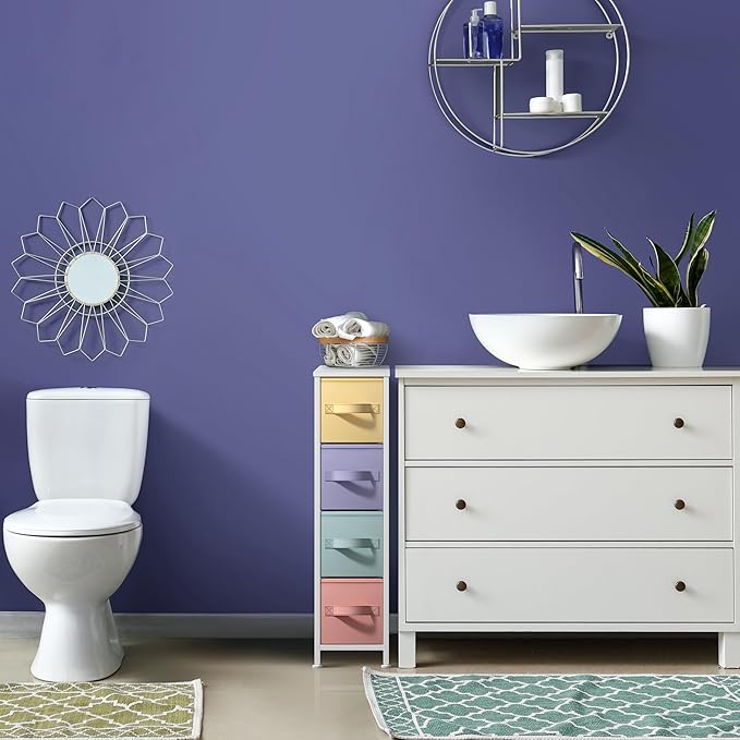 Sorbus Kids Narrow Dresser with 4 Drawers - Vertical Slim Storage Chest of Drawers with Steel Frame, Wood Top & Easy Pull Fabric Bins for Small Spaces, Closets, Bedroom, Bathroom & Laundry