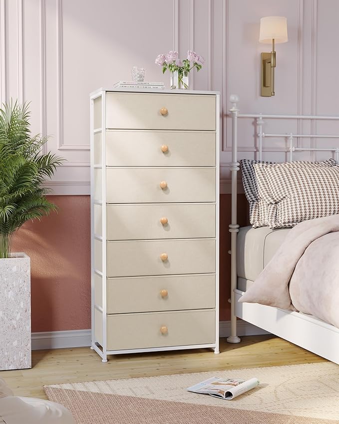 Crestlive Products Tall Dresser, 7-Drawer Wide Fabirc Storage Tower, Chests of Drawers - Vertical Organizer Unit for Bedroom, Hallway, Entryway, Nursery, Wood Top, Closets with Handles (Beige)