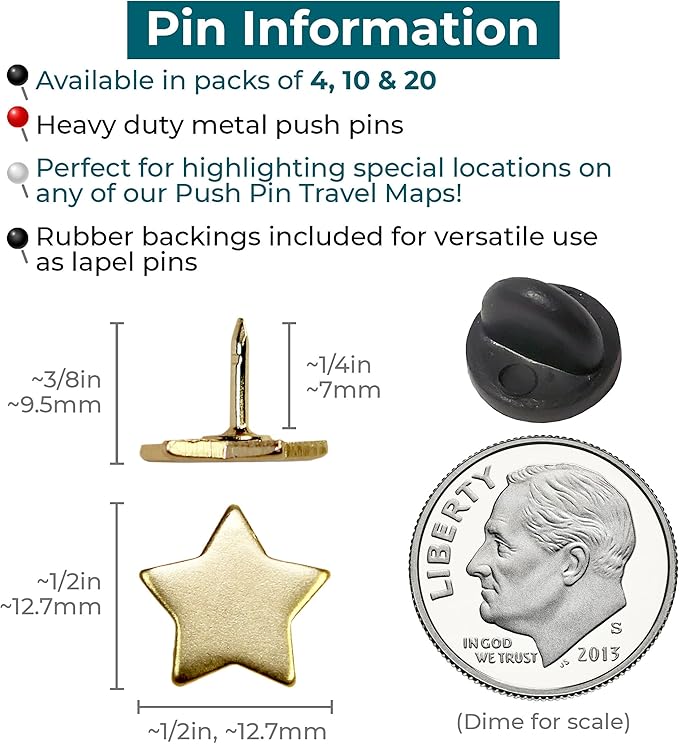 Big Star Push Pins - Gold Star Pins - for Cork Board, Maps, or Lapel Pin Use - Designed in USA - Set of 4
