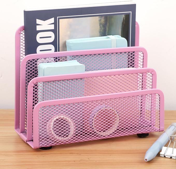 EASEPRES Desk Mail Organizer, Office Small Desktop Metal Mesh Envelope Letter Sorter Paper File Holder Organizer with 3 Vertical Upright Compartments, Pink 2 Pack