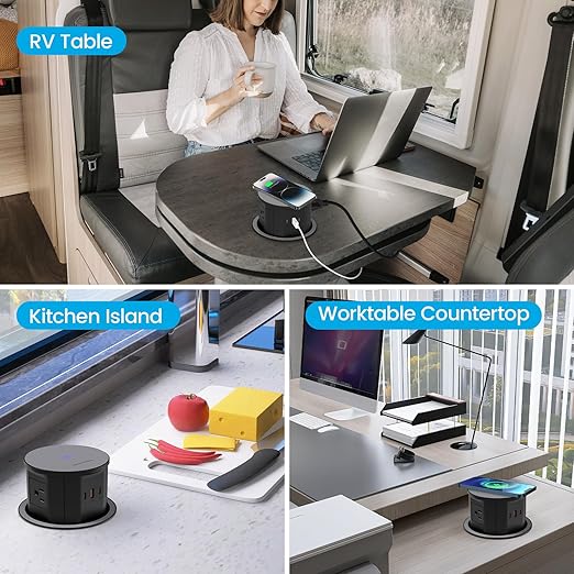 Pop Up Countertop Outlet with 15W Wireless Charger, PD 65W USB-C Ports & 4 AC Outlets, 800J Surge Protection, 4.75 inch Pop Up Electrical Outlet, 6Ft Cord for Home Office(ETL & FCC Listed)
