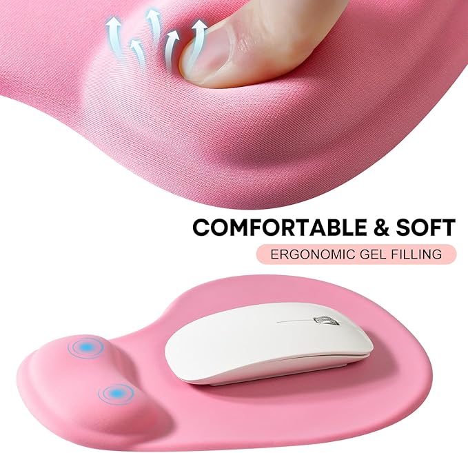 JIKIOU Mouse Pad, 2 Pack Ergonomic Mouse Pads with Comfortable Gel Wrist Rest Support and Smooth Cloth, Non-Slip PU Base for Easy Typing Pain Relief Durable and Easy to Clean Small Pink