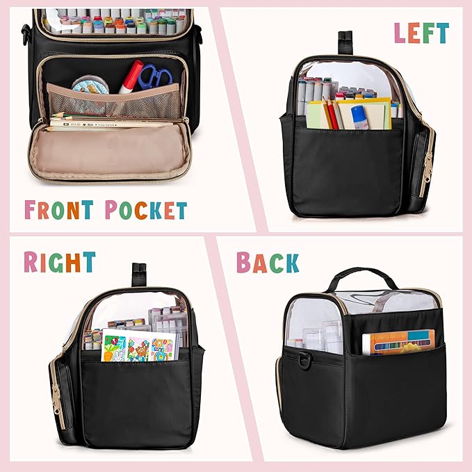 Large Marker Organizer Case for 180 Markers, Marker Storage Bag with Dividers and 4 Pockets for Paint Markers, Paint Brushes, Colored Pencils or Other Art Supplies, Black (Patented Design)