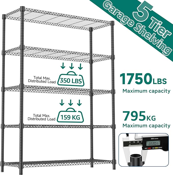 5 Tiers Shelf 1750 lbs Steel Storage Shelving Utility Shelving Unit Steel Organizer Wire Rack for Home,Kitchen,Office,Garage Black 17.7" D x 47.2" W x 72.4" H