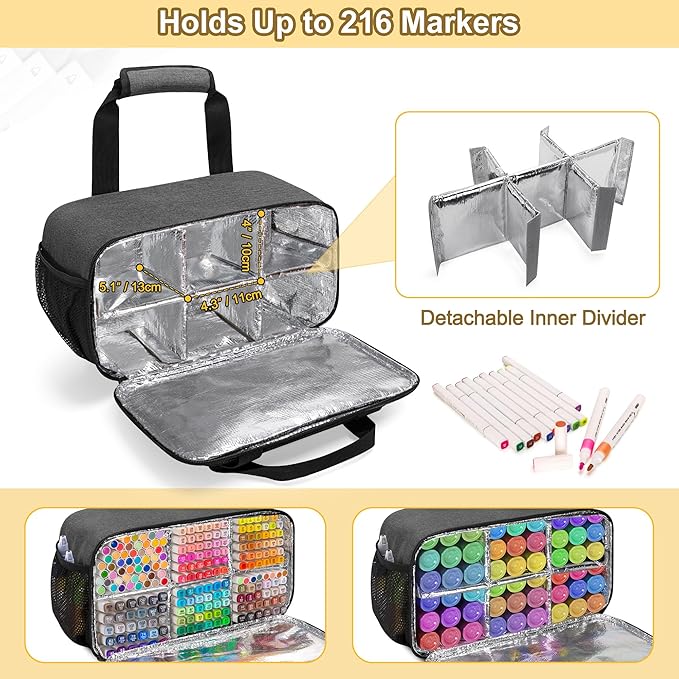 Case Organizer for up to 216 Markers, Large Bag With Carrying Handle, Holder (Length up to 5.1"), Aluminum Foil Liner Easy Cleaning, Patented Design (Grey)